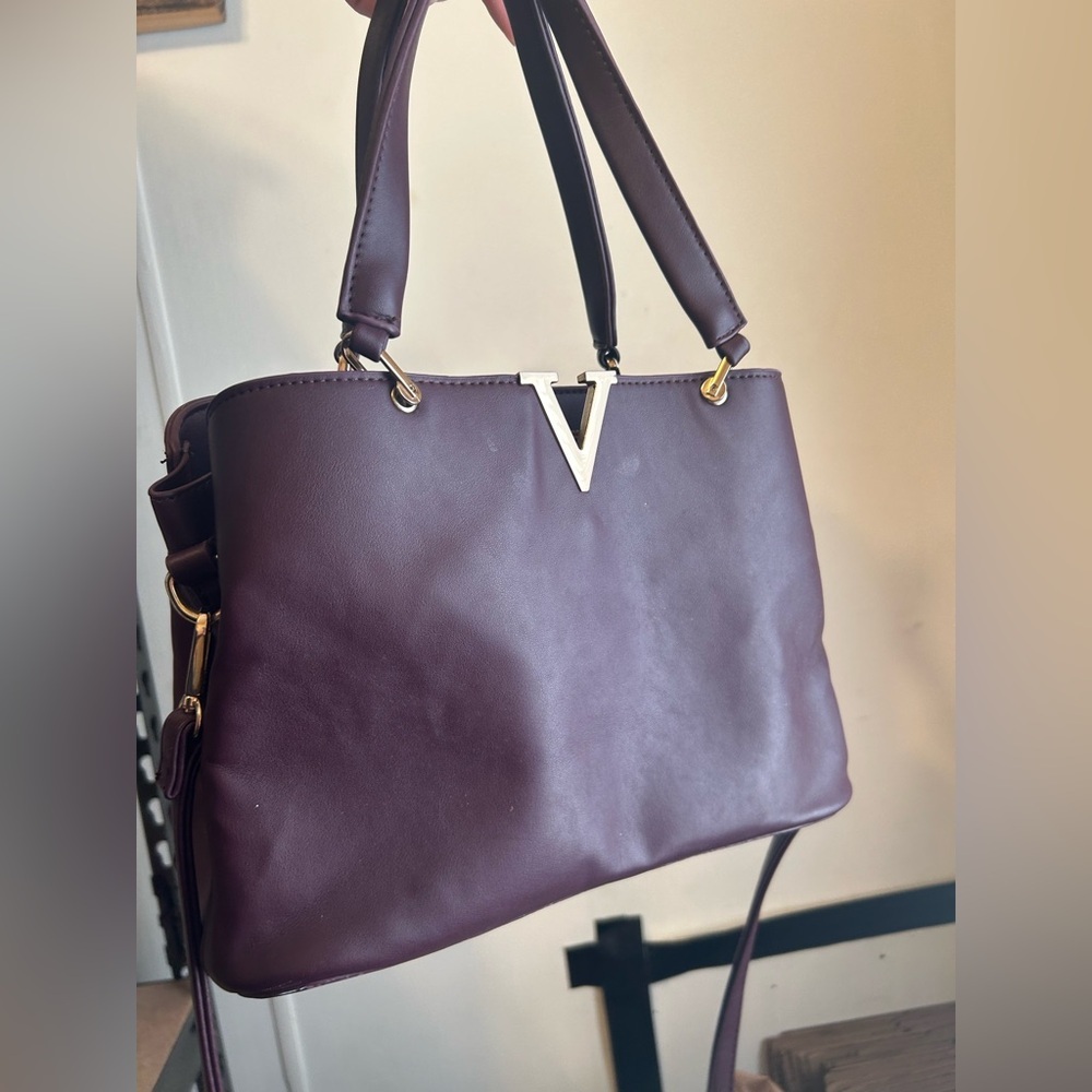 Burgundy Structured Satchel Bag Gold V Top Handle Crossbody Purse - Picture 7 of 12